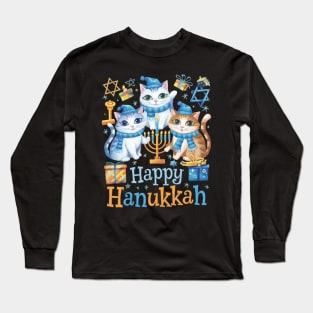 Happy Hanukkah Three Cute British Longhair Cats Menorah Long Sleeve T-Shirt